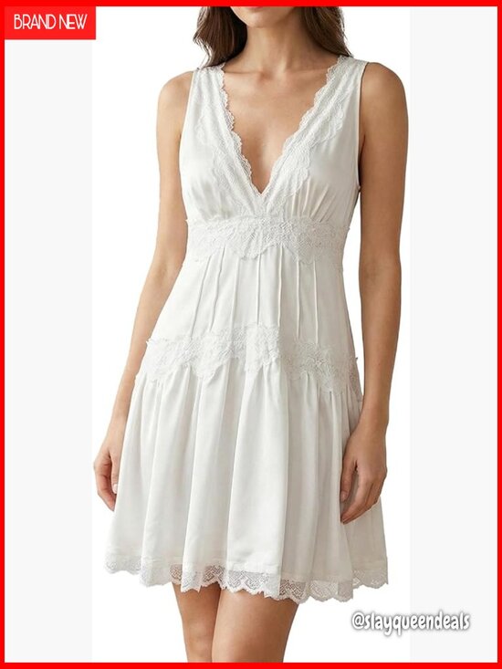 Dresses & Skirts - V Neck Lace Mini Slip Dress with Ruffle Hem Babydoll Y2K Boho Flowy Summer Dress